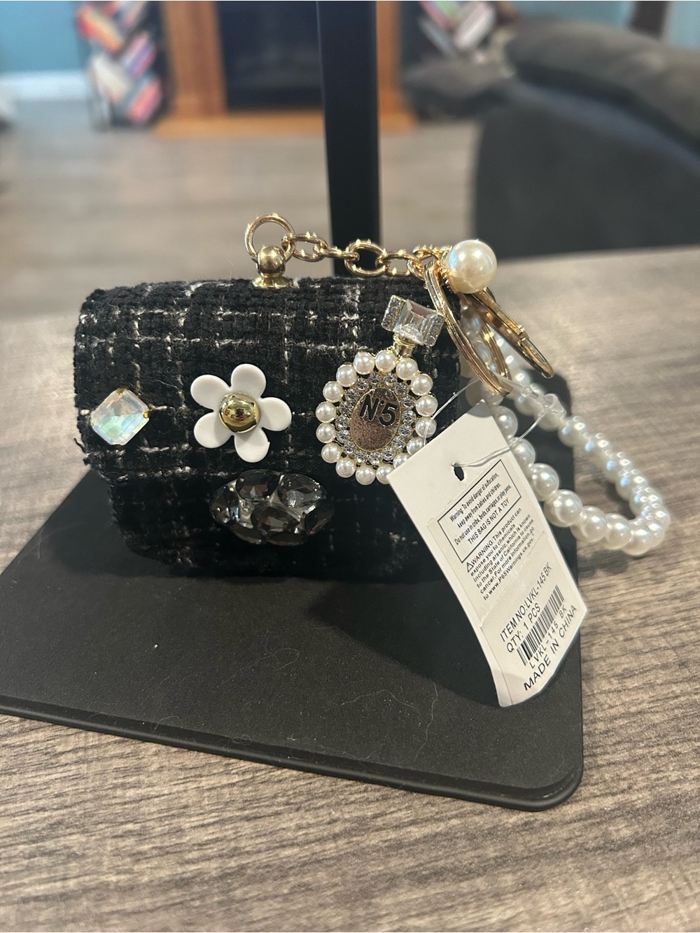 Chic Black Tweed Mini Bag Charm with Pearl & Crystal Accents